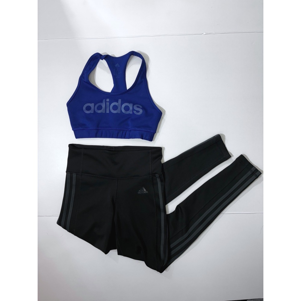 Adidas Bundle Womens Small Blue Sports Bra & Black Stripe Climalite Leggings Set